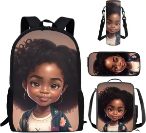 ZOUTAIRONG African Girls Backpack for Kids 6-8 School Bag Magic Black Girl Lunch Box Kids Book Bag Pencil Case Preppy Princess Bookbag Age 10-12/14-16 Year Old Water Bottle Holder